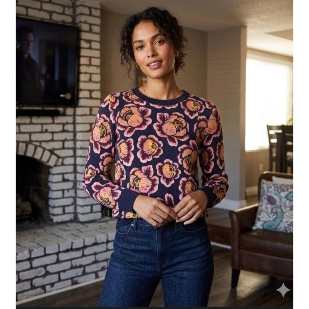 Ann Taylor Loft Sz S Bold Floral Crew Neck Sweater Black Multi Color Long Sleeve